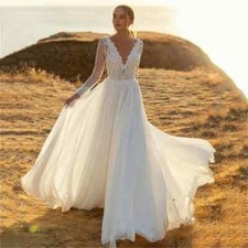 Boho A-Line Wedding Dress Long Sleeved Backless Lace Sequined Beach Bridal Gowns