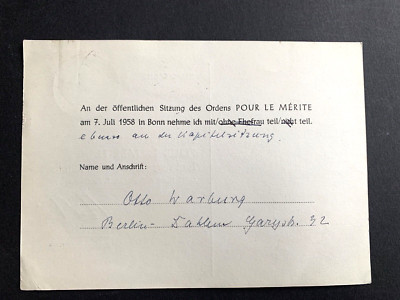 OTTO WARBURG ( 1970) Nobelpreis signed ''Pour le Mérite'' Einladungskarte 10x15
