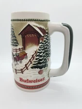 Budweiser Clydesdales Holiday Beer Stein Mug Anheuser Busch 1984 Covered Bridge
