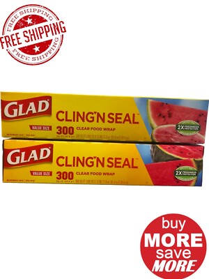Glad 00022 Plastic Cling Wrap 300 Square Ft. Roll - Pack of 2 for