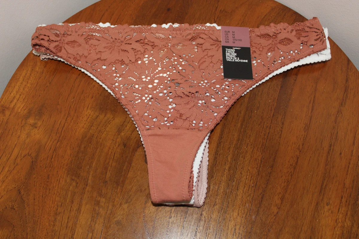 H&M WOMENS UNDERWEAR THONGS SET OF 3 EMBROIDERED FLORAL LACE SIZE M & XL