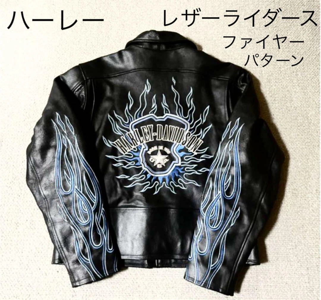 HARLEY-DAVIDSON Fire Cowhide Single Riders Jacket Men M Blue Biker From Japan