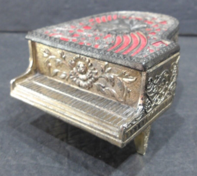 Vintage Metal Grand Piano Jewelry / Music Box Red Felt Lined Drawers Trinket