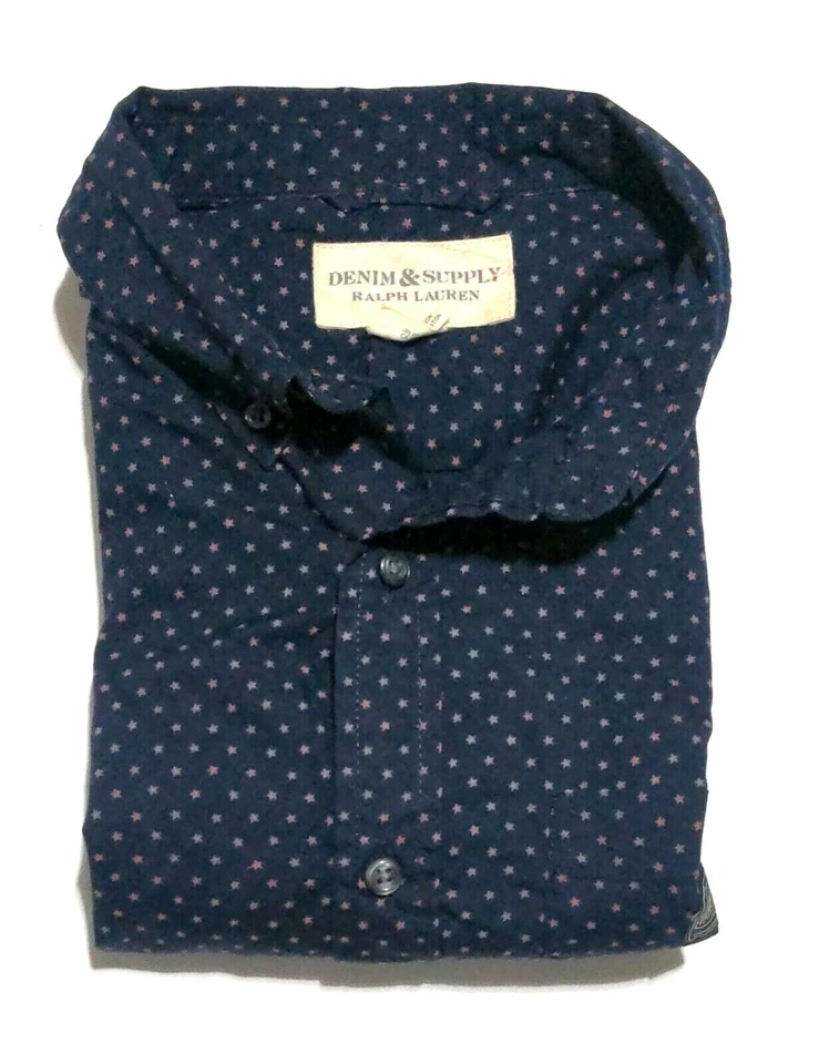 Camisa Denim Supply Ralph Lauren Para Hombres M Manga Corta Azul Marino Rosa Estrellas Usada en Excelente Condición Foto 3 de 3