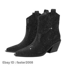 Women's Rhinestone Embellished Pointed Toe Booties Bling Western Ankle Boots