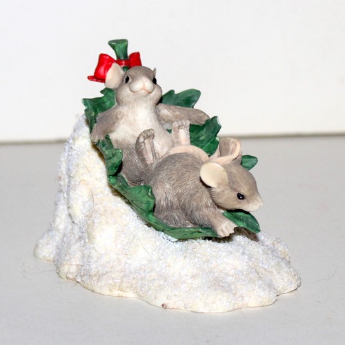 Vintage Silvestri Charming Tails figurine Mice Snow Winter sled mouse leaf - Picture 7 of 11