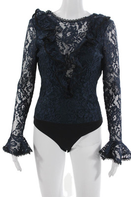 Alexis Women Blue Lace Boat Neck Long Sleeve Bodysuit Size XS