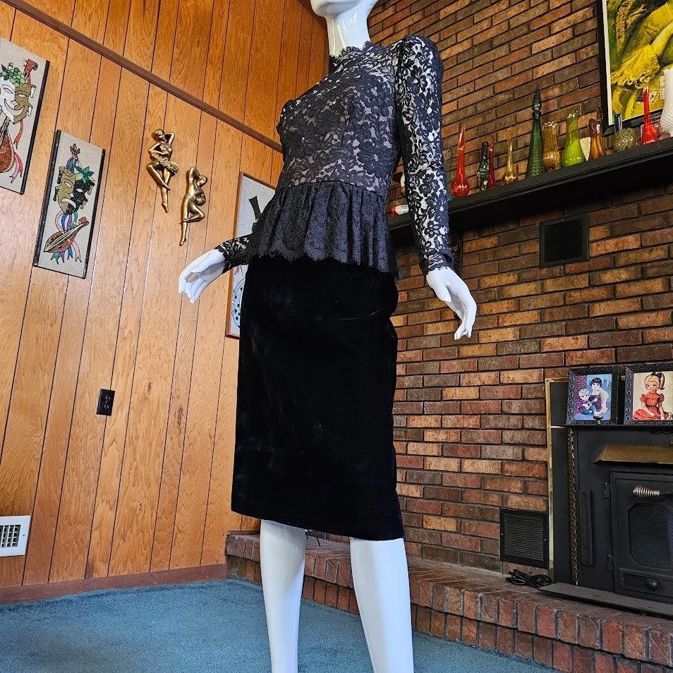 Vtg 80s 40s Sweetheart Nude Illusion Lace Lillie Rubin Velvet Cocktail Dress S/M - Image 4 of 4