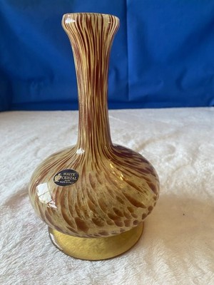 White Cristal Handmade Italian Art Glass Vase 8  Brown & Gold Swirl Glossy