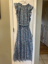 Banjanan Pomegranate Vine Lapis Maxi Dress Blue Bird Print Ruffle Size M