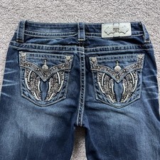 Miss Me Mid Rise Straight Jeans Womens 26 Blue Dark Wash Embellished Pockets