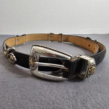 VTG Brighton Black Belt M/30 Silver X Medallion Sliders USA Western Concho 40383