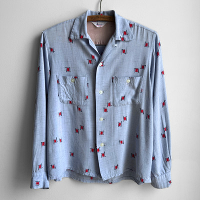 Vintage 1950s Mylan Blue Rayon Shirt Atomic Novelty Print Loop Collar Small