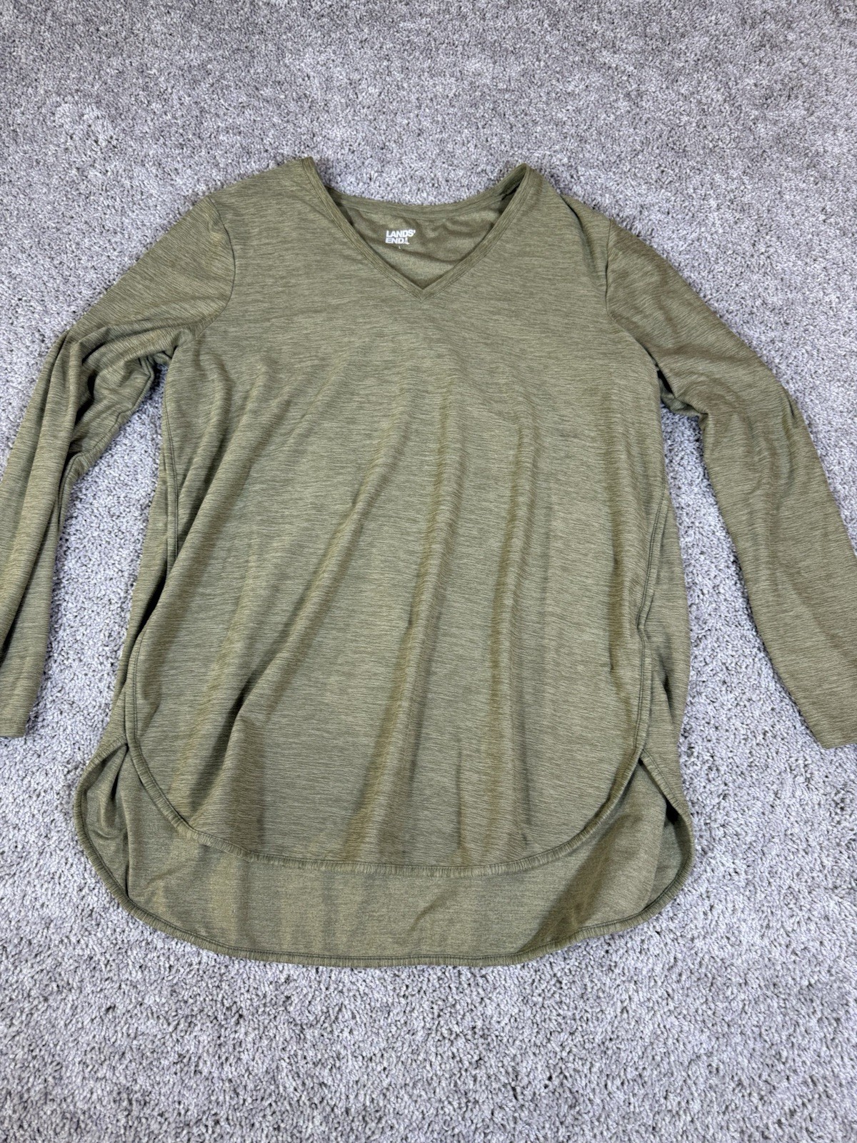 Lands End Shirt Womens Size Large Green Tshirt Long Sleeve V Neck Stretch