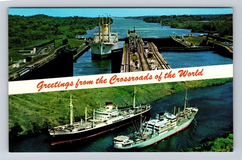 Panama, General Banner Greeting, Gatun Locks, Antique Vintage Souvenir Postcard