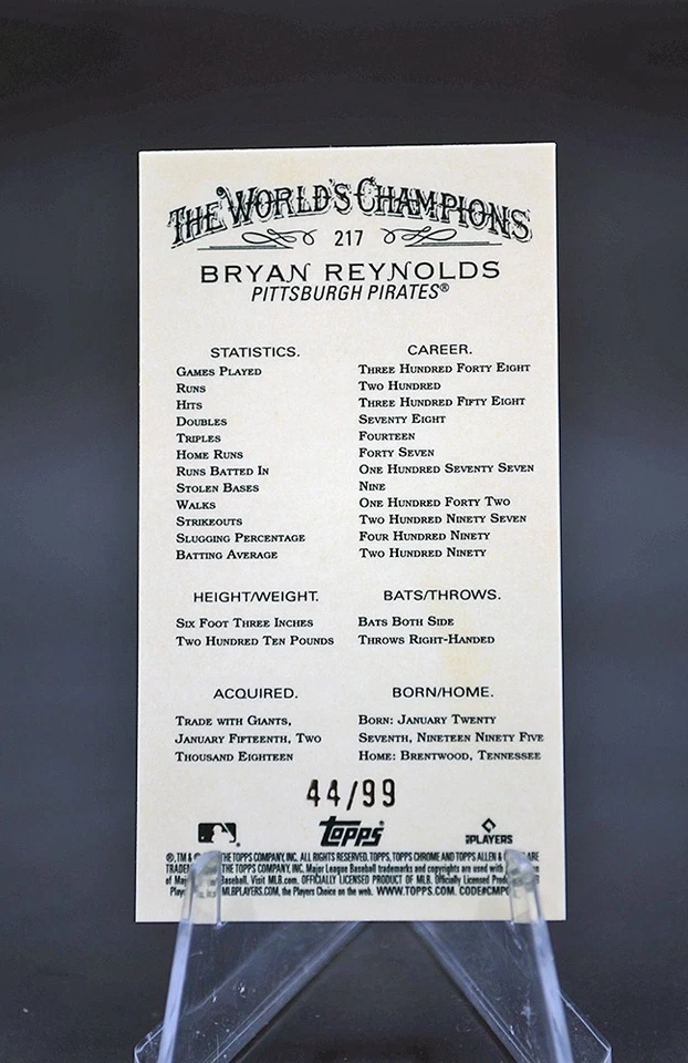 2022 Topps Allen Ginter Chrome Green Refractor Mini - Bryan Renolds 44/99 - Image 2 of 2