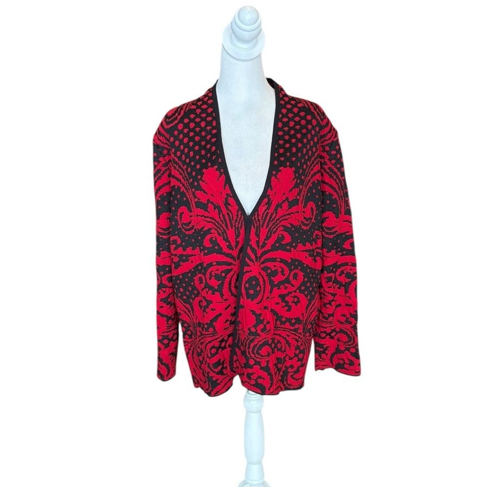 Chicos Jacquard Open Front Cardigan Sweater Black Red Womens Size Large