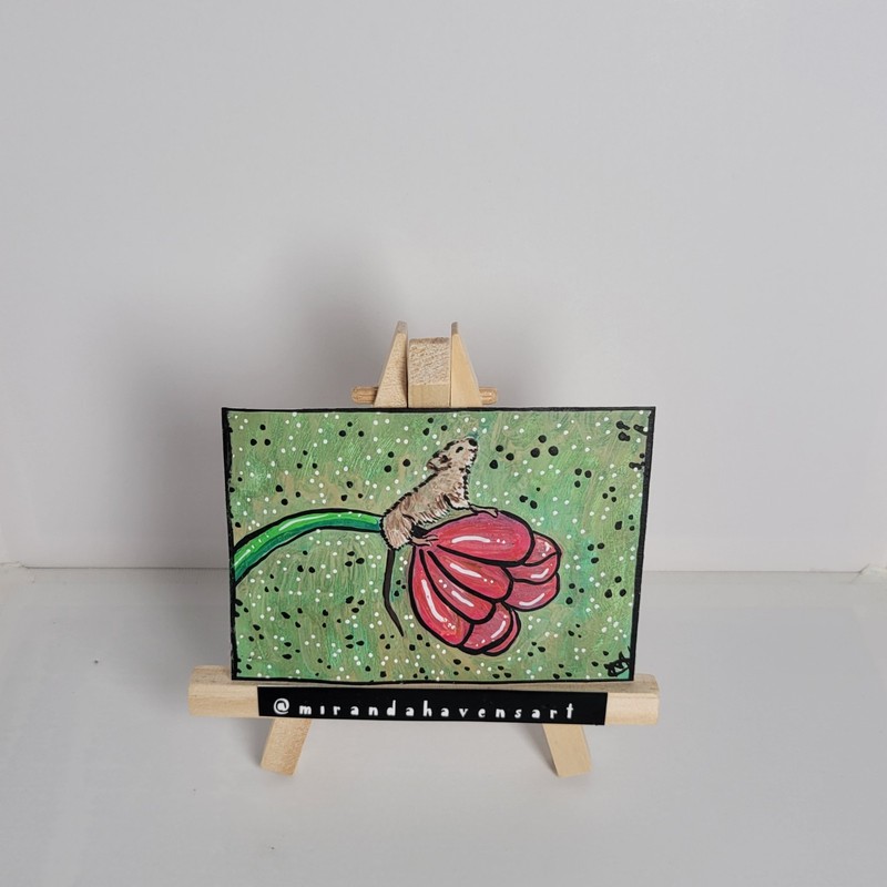ACEO Original MirandaHavensArt, Mouse on Flower, Water Color Painting Signed