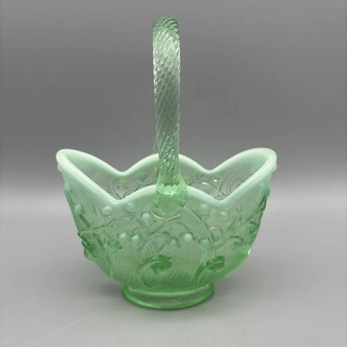 Vintage Fenton Art Glass Green Opalescent Lily of the Valley Basket