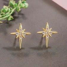 925 Sterling Silver Starburst CZ Crystal Stud Earrings Women Girl Gift Gold PLT