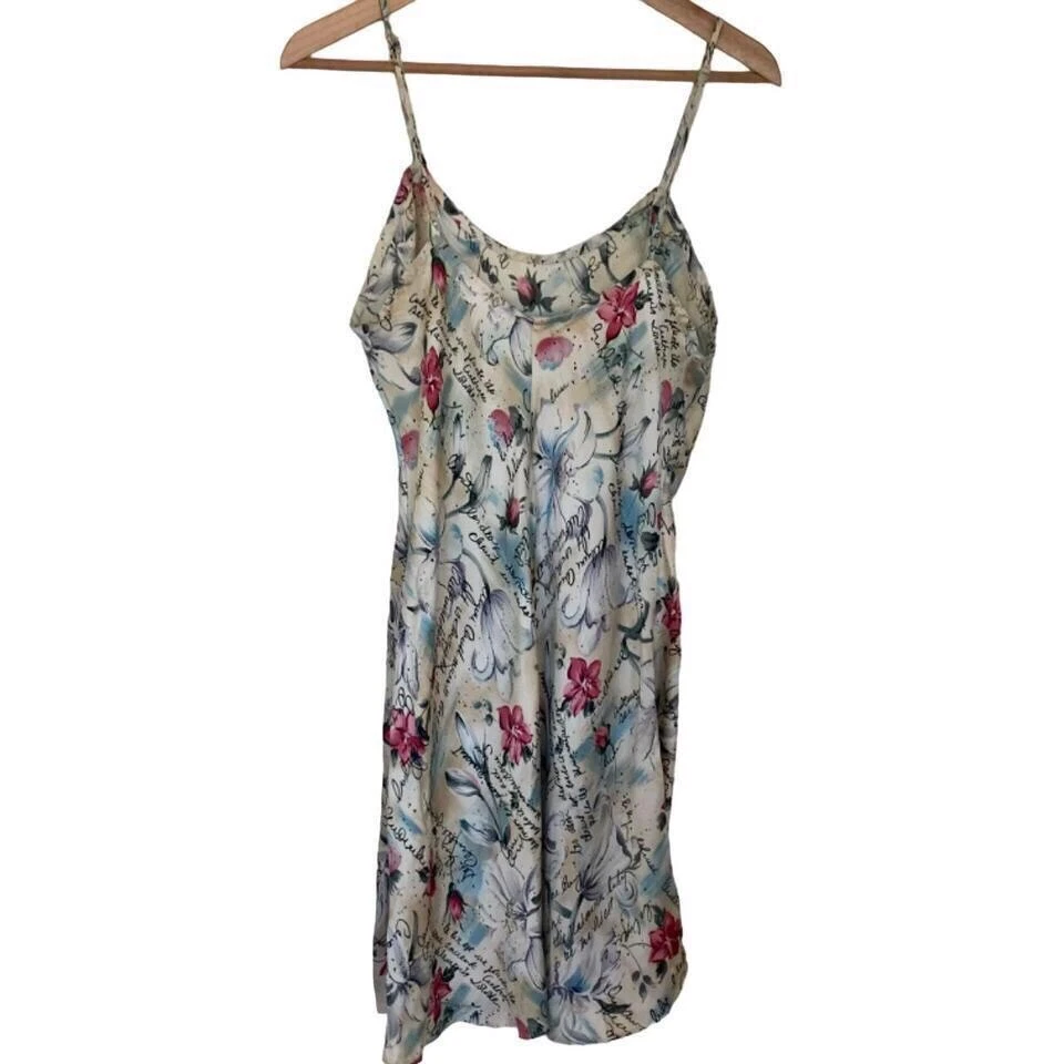 UNDERCOVER Abito slip vintage anni '80 Victoria's Secret beige seta scrittura floreale etichetta oro taglia M