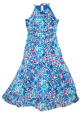 Nine West Printed Blue Mesh Halter High Neck Stretch Trumpet Maxi Dress Sz 12