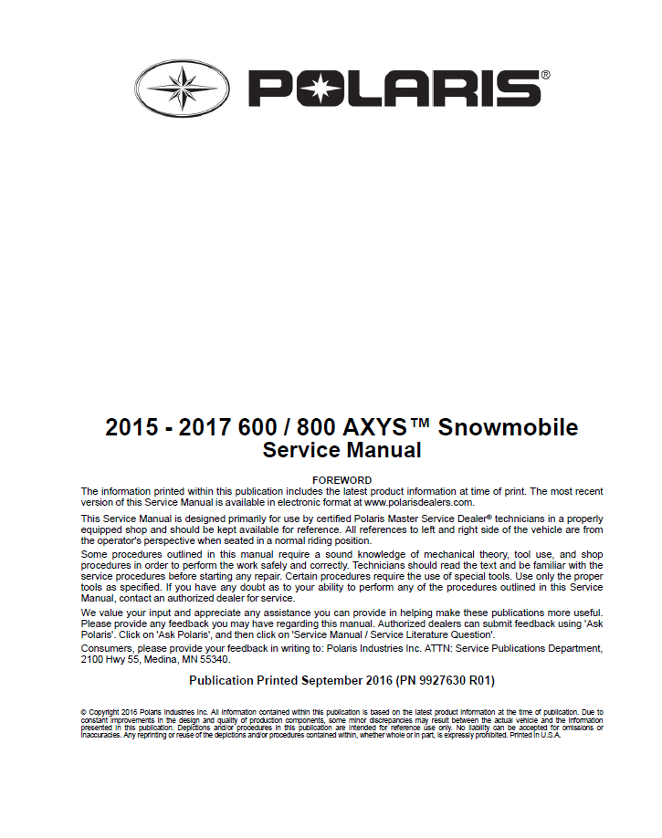 Polaris AXYS 600/800 Service Manual | 2015 2016 2017 | PDF Polaris AXYS 600/800 Service Manual | 2015 2016 2017 | PDF
