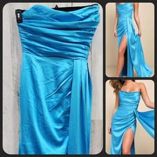 LULUS Ethereal Excellence Teal Blue Satin Pleated Strapless Maxi Dress SMALL