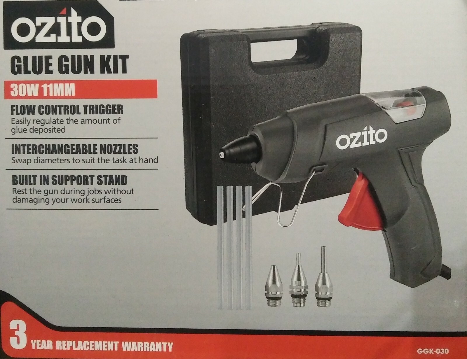 Ozito 30W 11mm Hot Glue Gun Kit + 4 Glue Sticks + 3 Nozzles + Carry