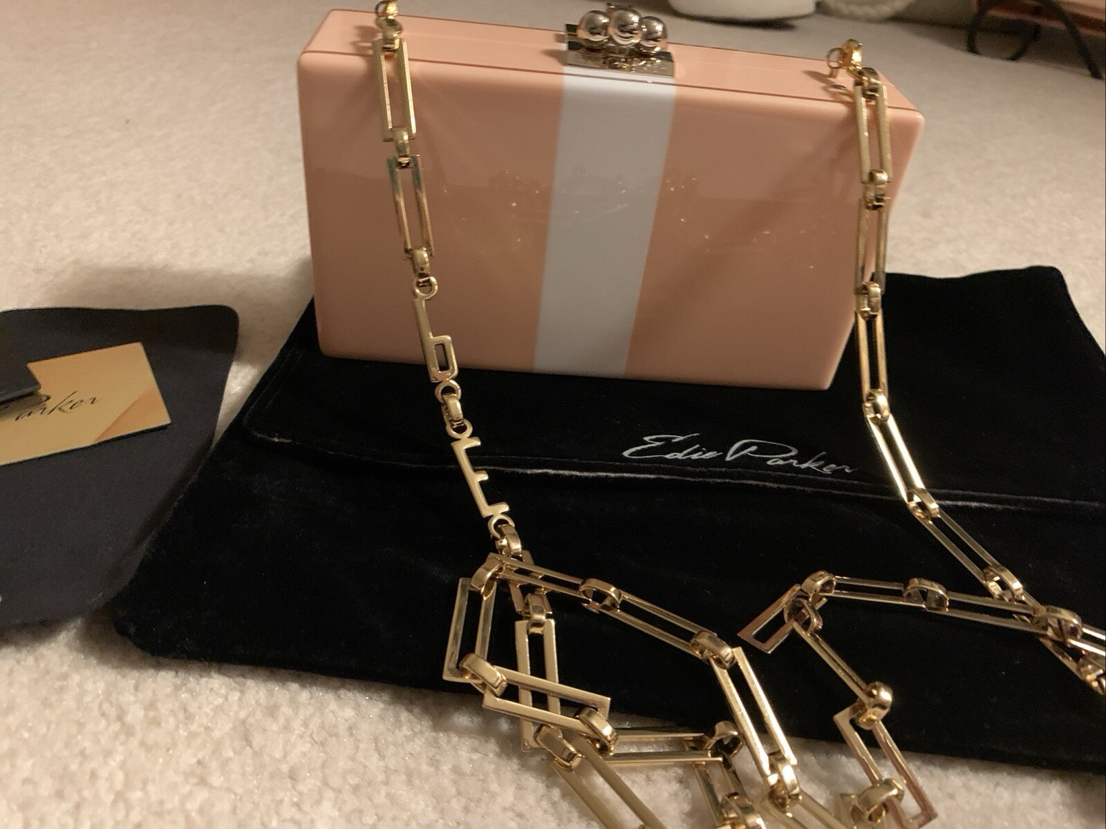 Edie Parker Jean W/Gold Link EP Chain Peachy Pink/White Wide Stripe Clutch