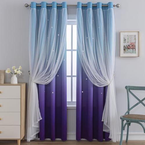 Star Cutout Curtains for Girls Room,Black Out 52"W x 63"L-1Panel Blue Purple - Picture 1 of 6