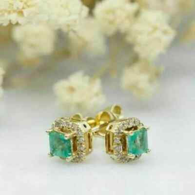2Ct Lab Created Princess Cut Emerald & Diamond Stud Earring 14kYellow Gold Over