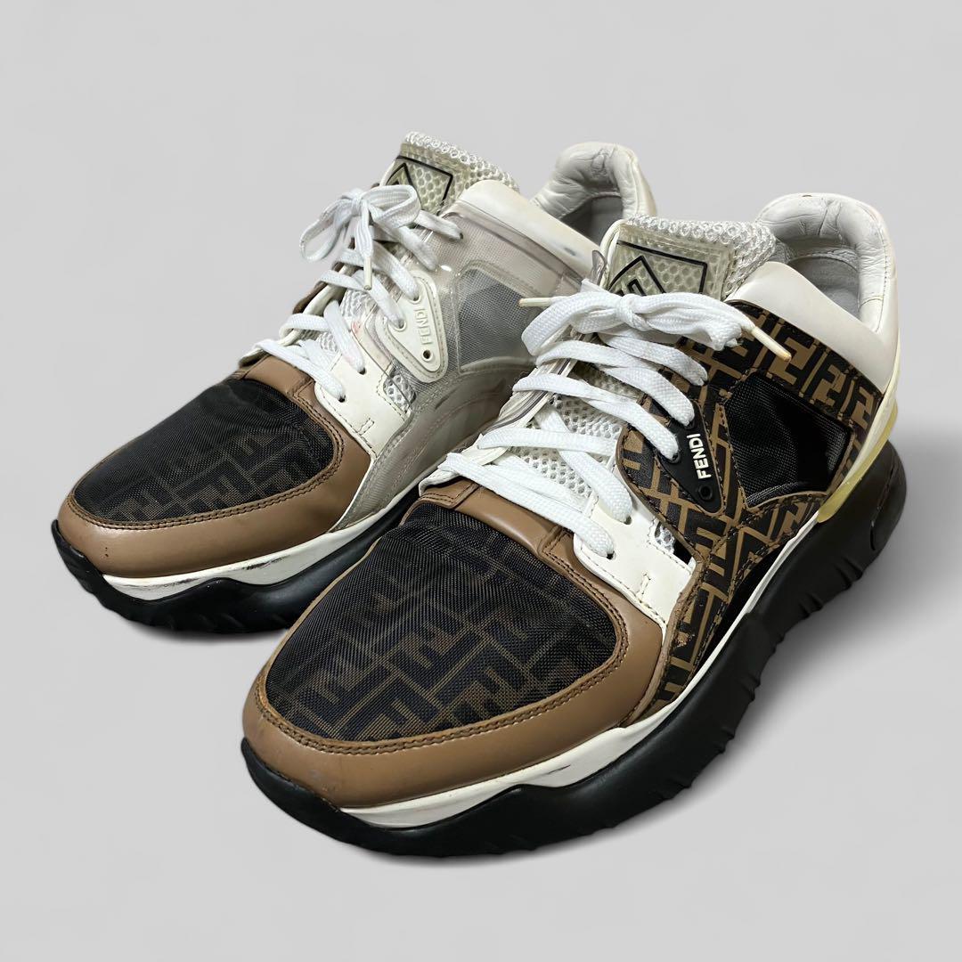 FENDI Men's Low-Cut Sneakers, Brown/White, EU42.5/US9, Mesh