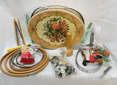 VTG Metal Floral Sewing Kit Tin Crochet Hooks Embroider Hoops Thread ...