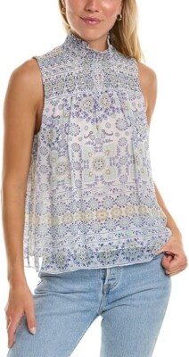 Joie Mika Smocked Silk Turtleneck Top Clematis Blue Size XS