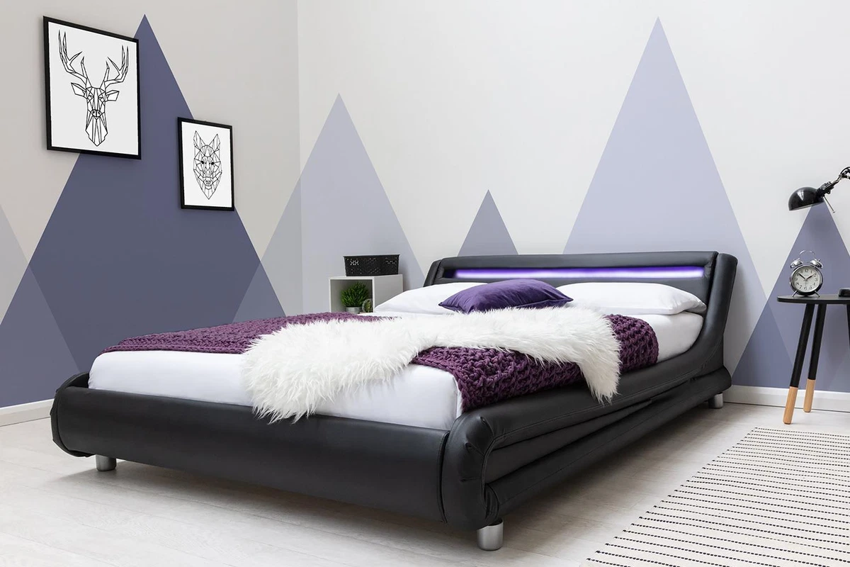 Barcelona Black White Faux Leather Silver Crushed LED Headboard Bed Frame