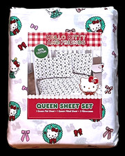 Hello Kitty Queen Size Christmas Wreath Ribbons Bows Cotton Sheet Set ALL COTTON