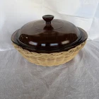 Pyrex Vintage Amber Brown Casserole Dish with Lid and Basket No Chips Or Cracks