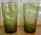 2 VTG Avocado Green Crinkle Glass 5 3/4" Tumblers, Anchor Hocking, Lido Milano