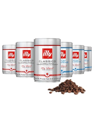 illy Whole Bean Coffee, Classico Medium & Decaffeinated 8.8 Ounce (Pack of 6) 