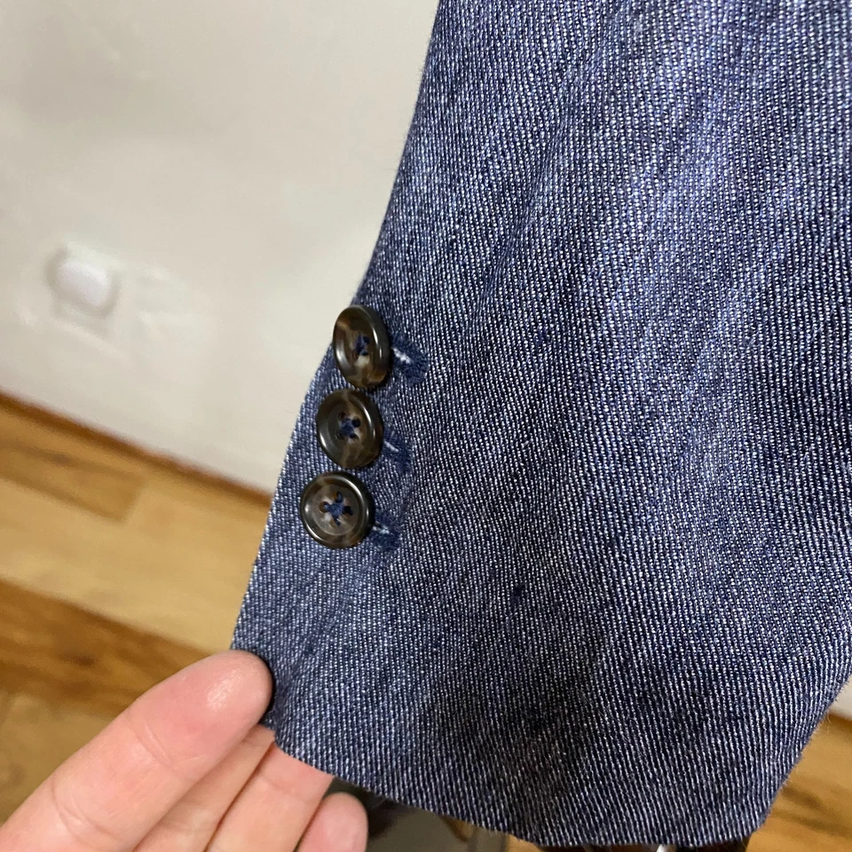 Blazer Vince Masculino Médio Algodão Linho Denim Chambray Azul Jaqueta Não Estruturada - Imagem 2 de 4