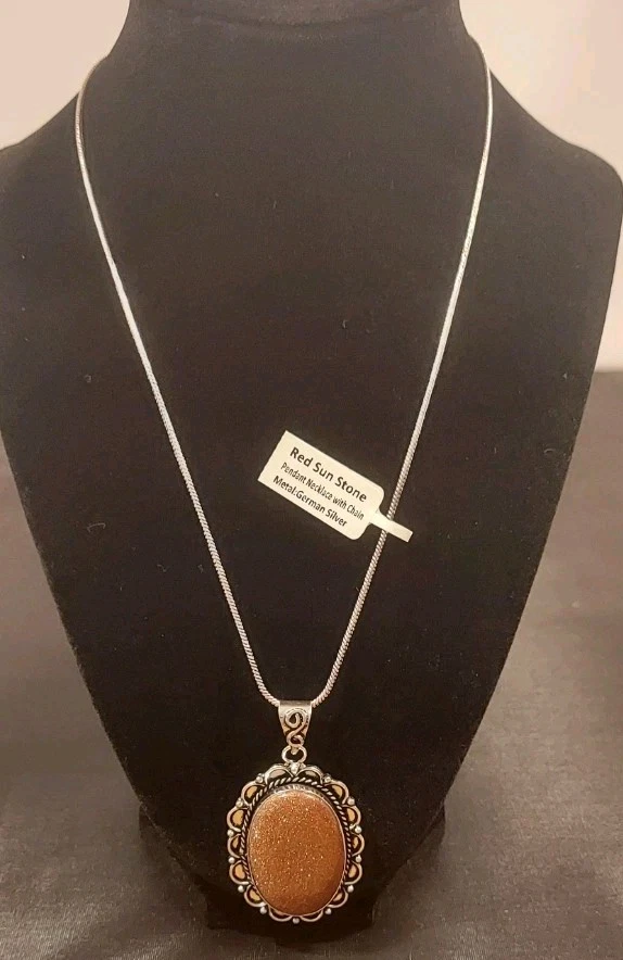 Red Sun Stone Oval Pendant 18" Necklace German Silver - Image 2 of 4