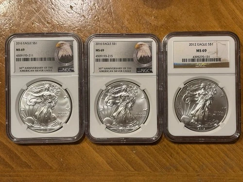 3 Coin Different Dates Lot Silver American Eagle $1 MS 69 NGC 2012,2016,2016