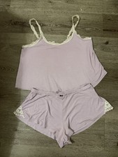 Victorias Secret Shorts Cami PJ Set Womens S M Lilac Lounge Ribbed Bow Lace 2 PC