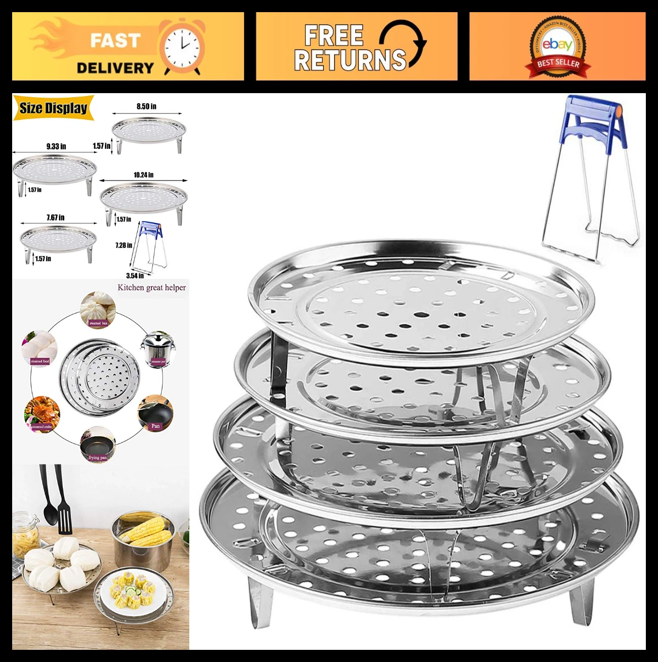 "Round Stainless Steel Steamer Rack Set - 7.6" to 10.23" for Pressure Cooking, C