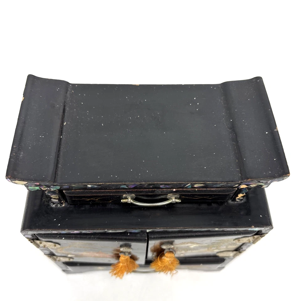 Antique Japanese Jewelry Box Black Lacquer With Gold Opal 5 Drawer Chest READ* - Image 3 of 4
