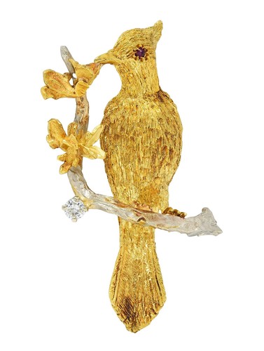 1960's Ruby Diamond 18 Karat Two-Tone Gold Vintage Bird on Branch Brooch - Picture 1 of 7