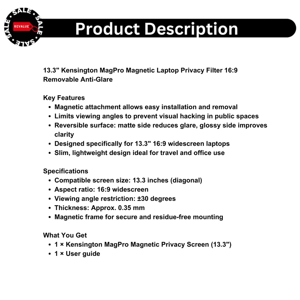 13.3" Kensington MagPro Magnetic Laptop Privacy Filter 16:9 Removable Anti-Glare - Image 2 of 4
