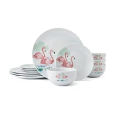 Flamingo Haven Tropical 12 Piece Dinnerware Plate Bowl Set, Service for 4
