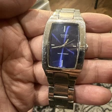 Working VTG CASIO MTP-1165 Men's Watch Tank Blue Dial Steel Quartz 27 mm Fit 6in